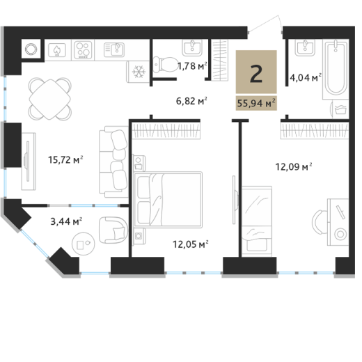 2 комнатная квартира 55,94&nbsp;м2